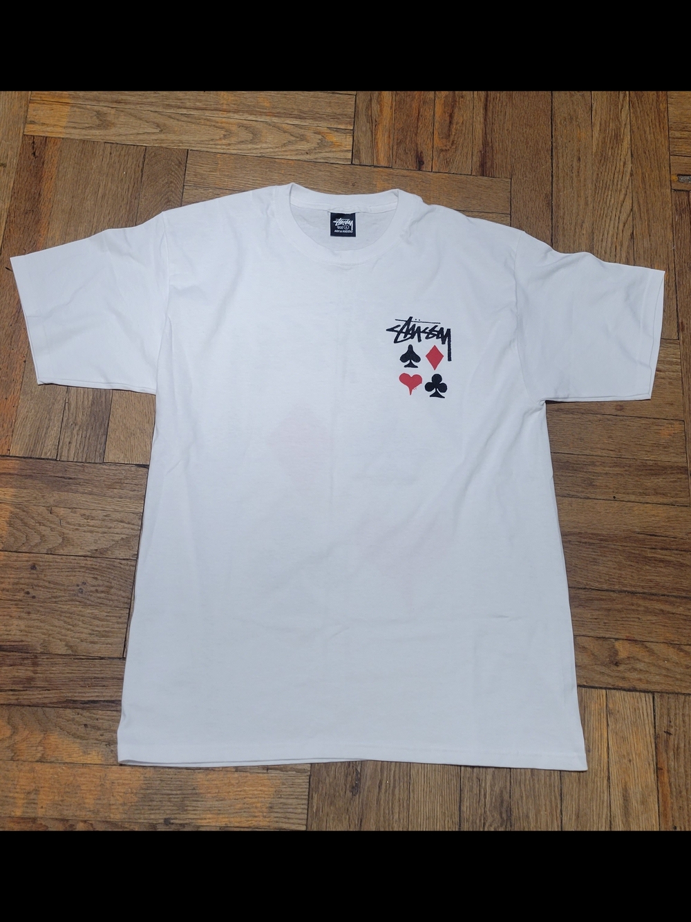 Stussy White Short Sleeve Tee with Card Suit Graphics NWOT